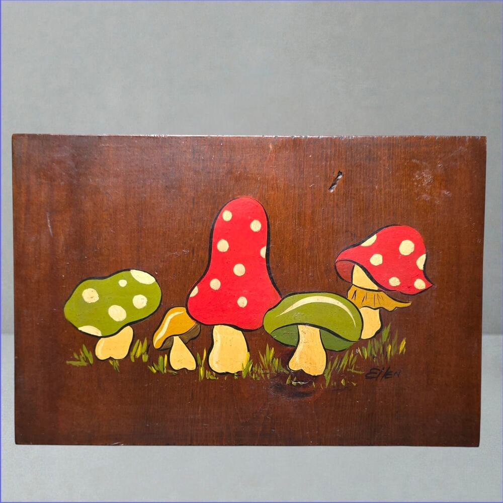 Vintage 1970s Hand Painted Mushroom Wood Wall Plaque Signed Ellen